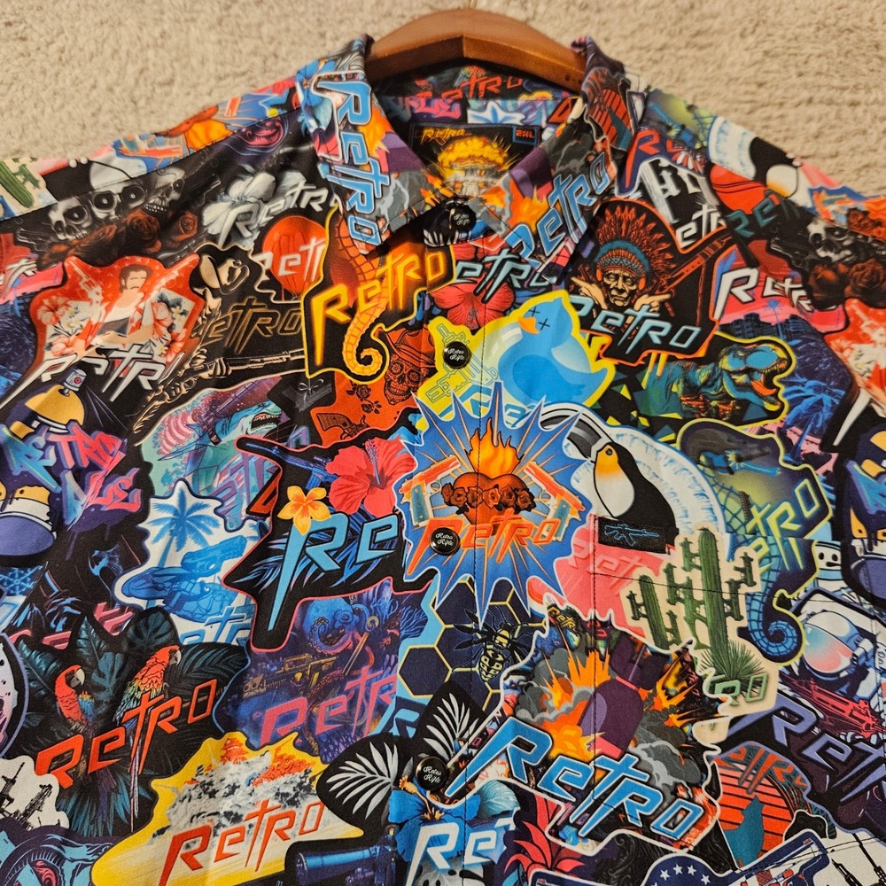 Retro Rifle Sticker Bomb V2 Shirt Mens 2XL Short Sleeve Button Up Stretch Print